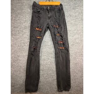 Rue 21 Men's Skinny Supreme Flex Flame Patch Distressed Black Denim Jeans 30/32